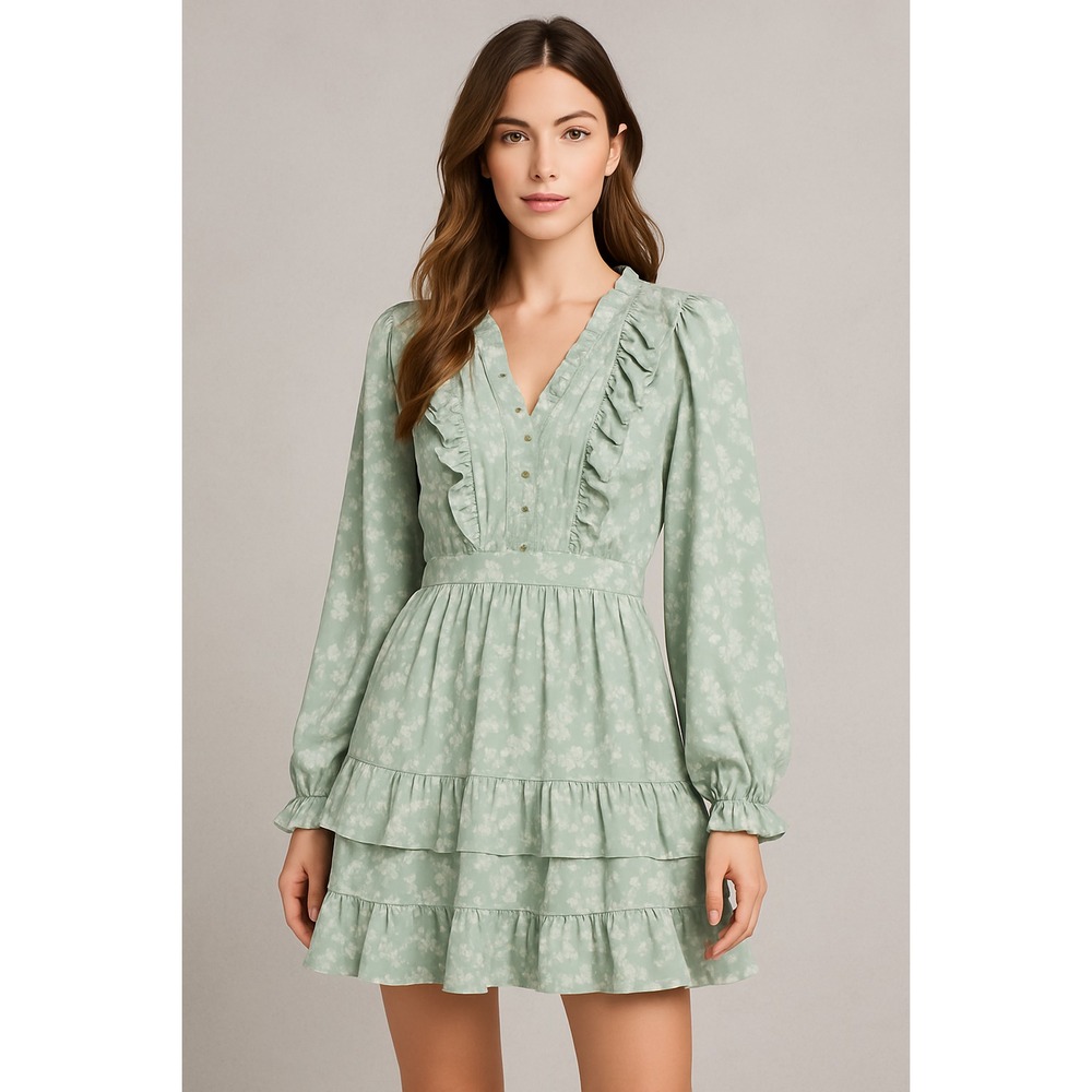 By the River Dress Womens L Ruffle Tiered Pleated Floral Pastel Cottagecore Boho